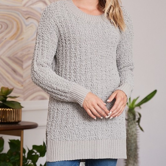 Sweaters - CABLE POPCORN SWEATER HI-LOW HEM WITH SIDE SLIT